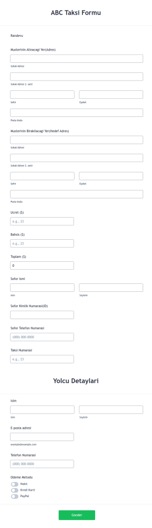 Taksi Formu Olusturun Form Şablonu