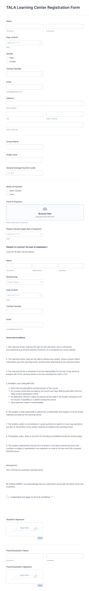 Learning Center Registration Form Template
