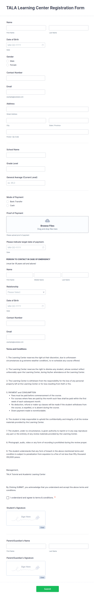 Learning Center Registration Form Template