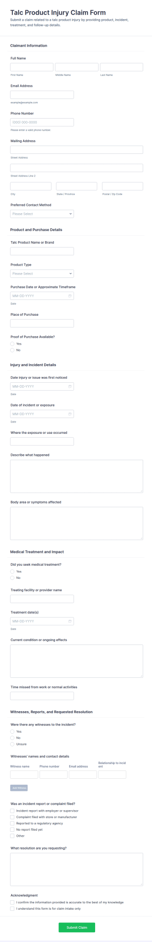 Talc Product Injury Claim Form Template