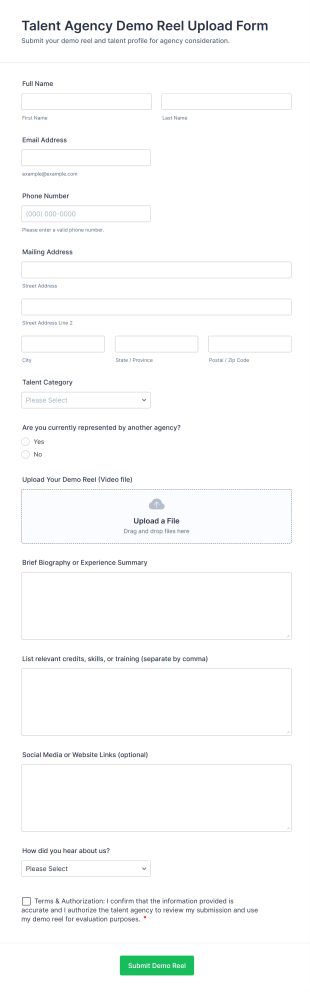 Talent Agency Demo Reel Upload Form Template