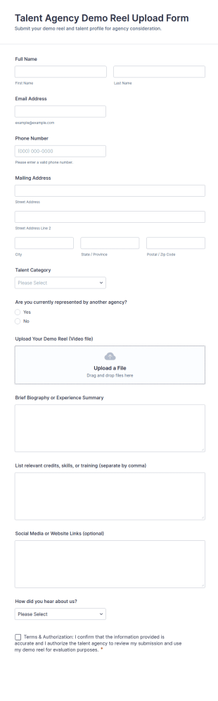Talent Agency Demo Reel Upload Form Template