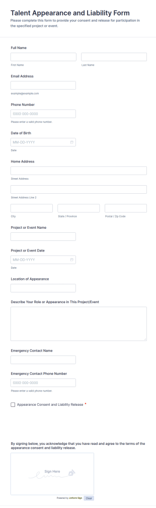 Talent Appearance And Liability Form Template