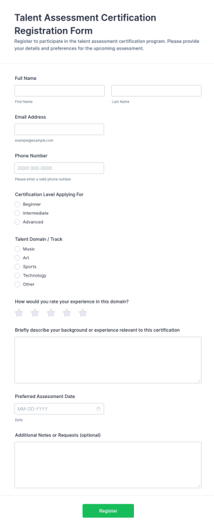 Talent Assessment Certification Registration Form Template