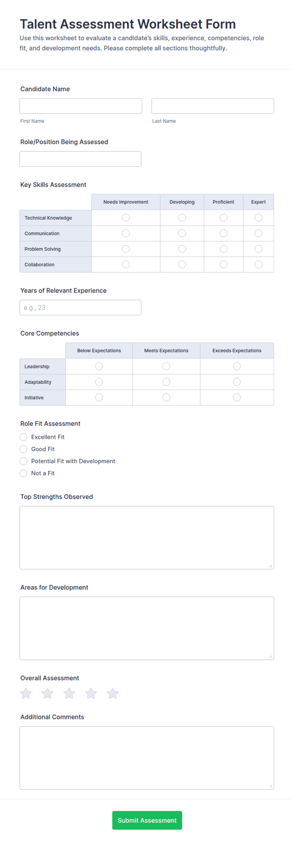 Talent Assessment Worksheet Form Template | Jotform