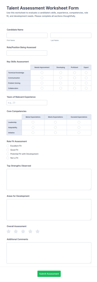 Talent Assessment Worksheet Form Template