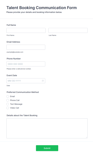 Talent Booking Communication Form Form Template