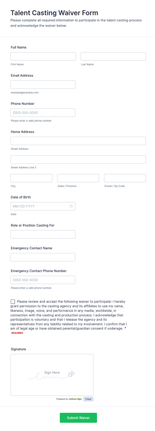 Talent Casting Waiver Form Template
