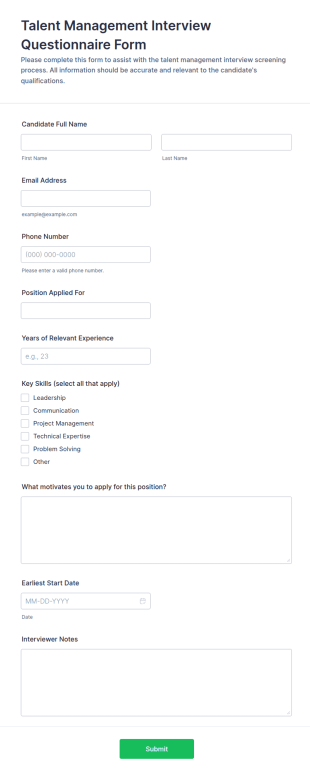 Talent Management Interview Questionnaire Form Template