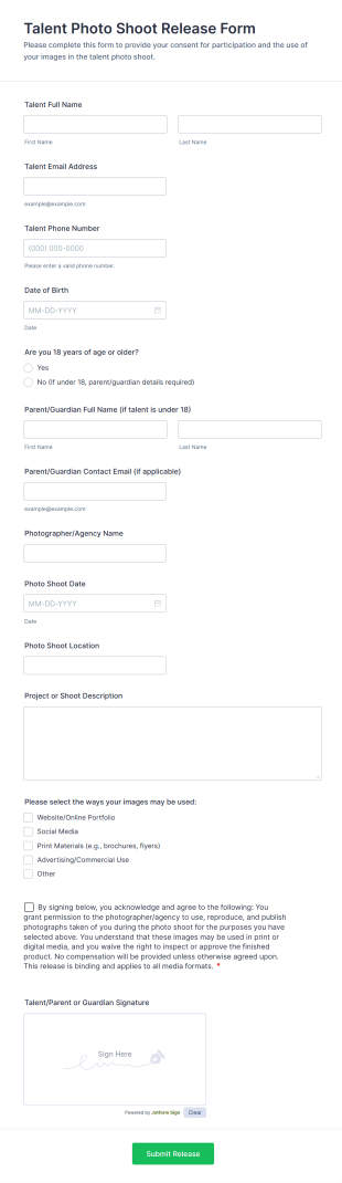 Talent Photo Shoot Release Form Template