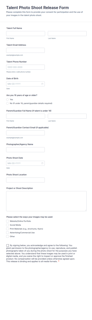 Talent Photo Shoot Release Form Template