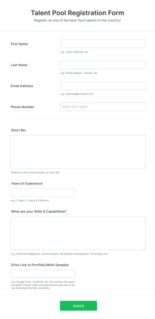 Talent Pool Registration Form Template