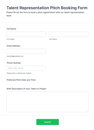 Talent Representation Pitch Booking Form Template
