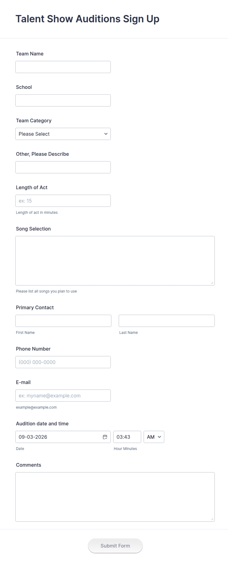 Singer Application Form Talent Show Auditions Sign Up Form Template | Jotform