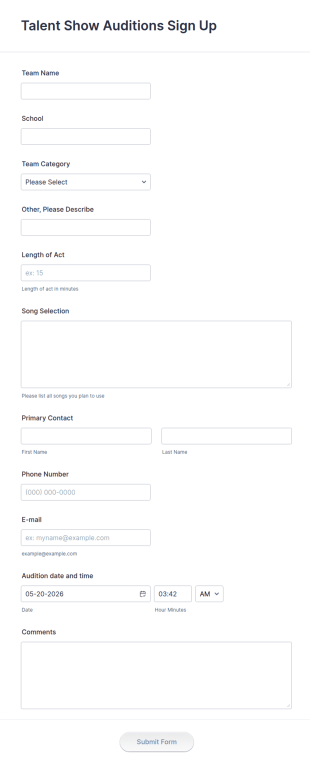 Talent Show Auditions Sign Up Form Template