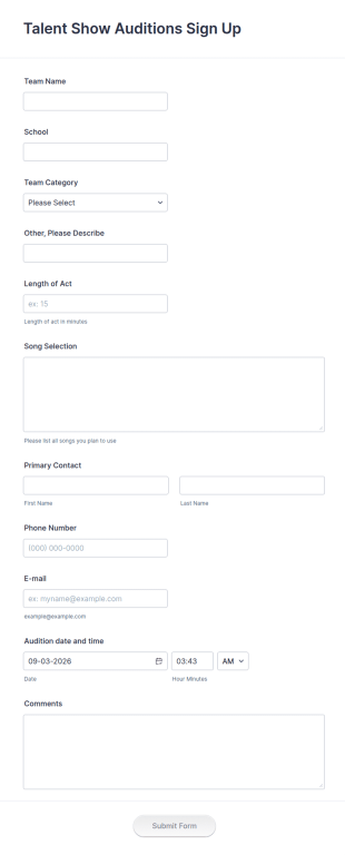 Talent Show Auditions Sign Up Form Template
