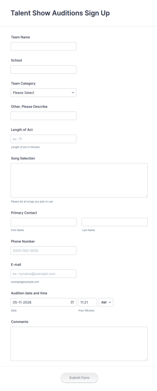 Talent Show Auditions Sign Up Form Template