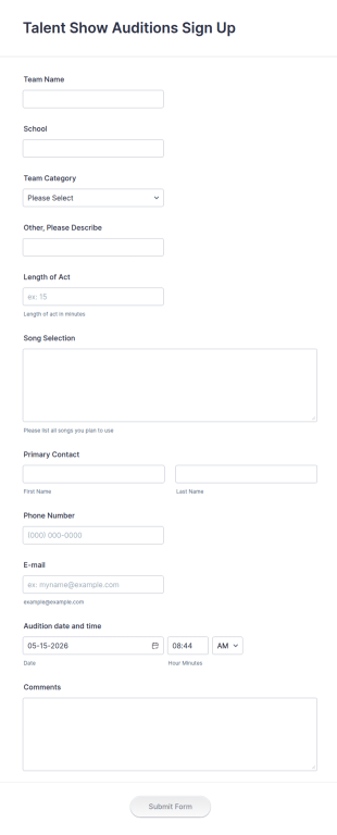 Talent Show Auditions Sign Up Form Template