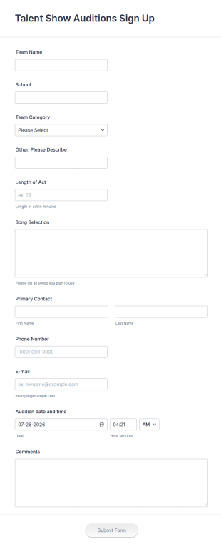 Talent Show Auditions Sign Up Form Template
