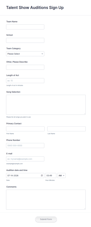 Talent Show Auditions Sign Up Form Template