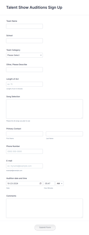 Talent Show Auditions Sign Up Form Template