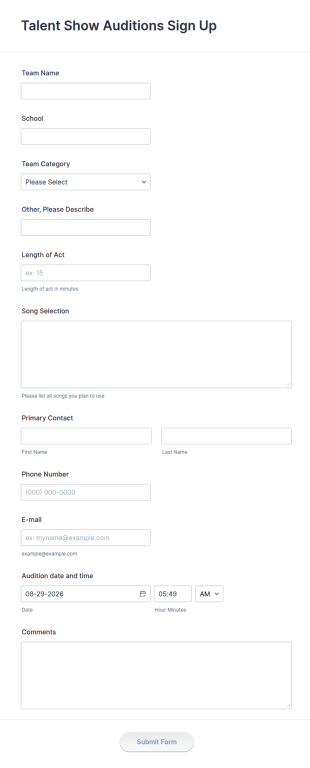 Talent Show Auditions Sign Up Form Template