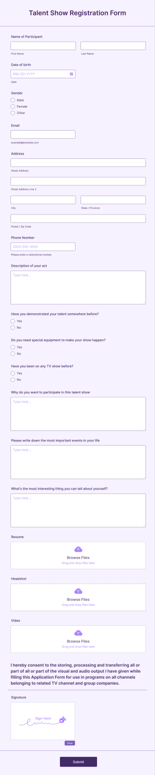 Talent Show Registration Form Template