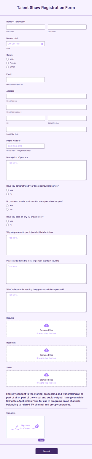 Talent Show Registration Form Template