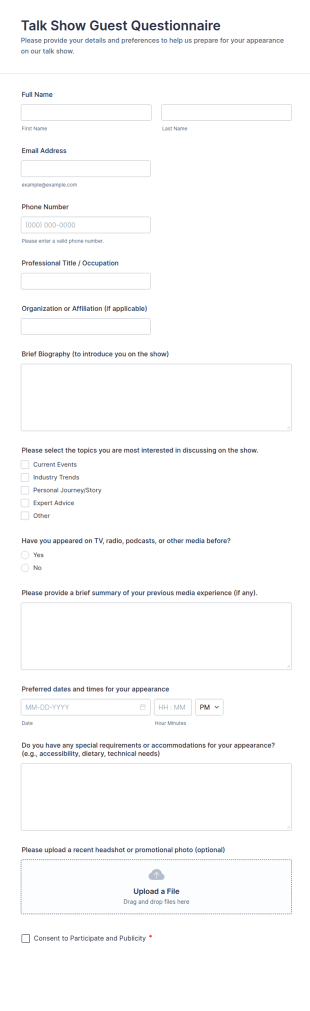 Talk Show Guest Questionnaire Form Template