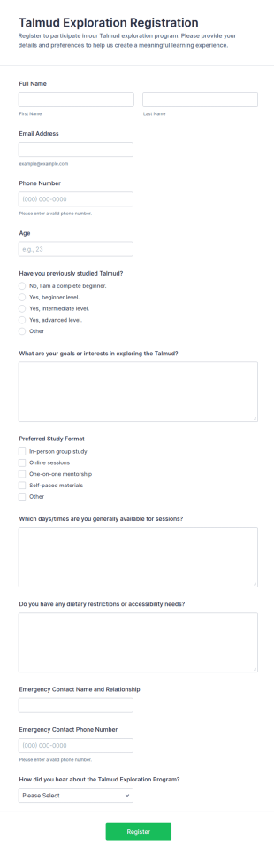 Talmud Exploration Registration Form Template
