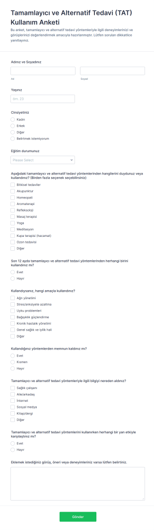 Tamamlayıcı Ve Alternatif Tedavi (TAT) Kullanım Anketi Form Şablonu