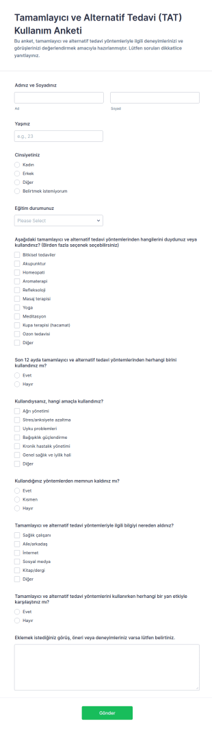 Tamamlayıcı Ve Alternatif Tedavi (TAT) Kullanım Anketi Form Şablonu