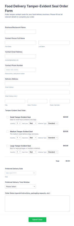 Food Delivery Tamper Evident Seal Order Form Template