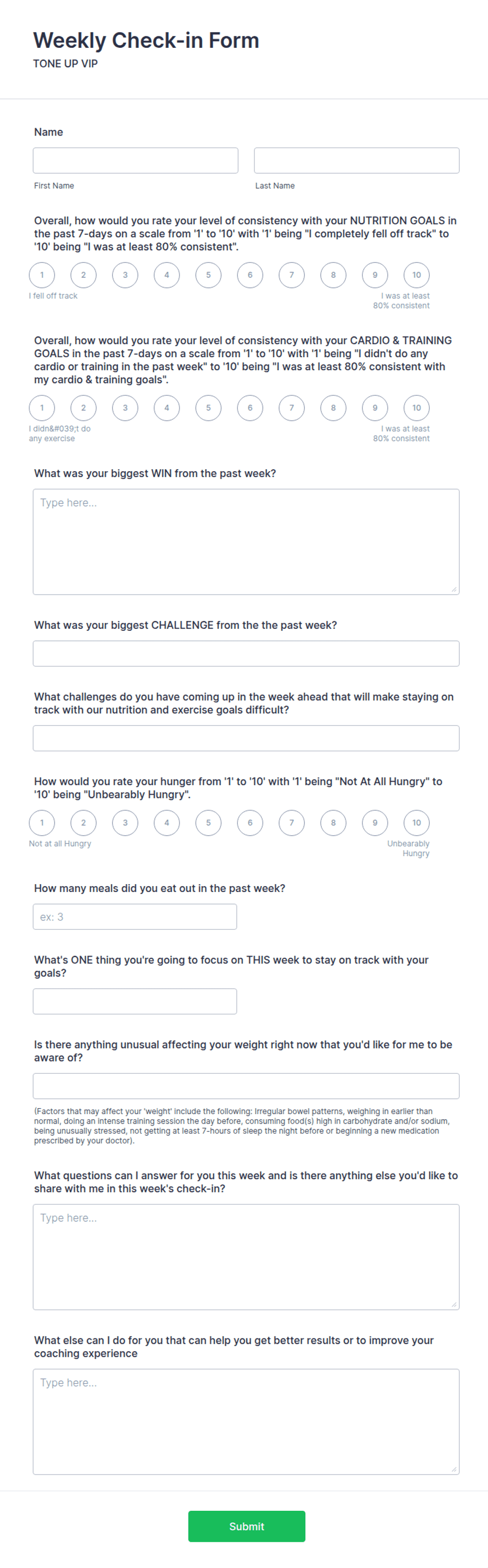 Tandem Nutrition Weekly Check-in Form Template | Jotform