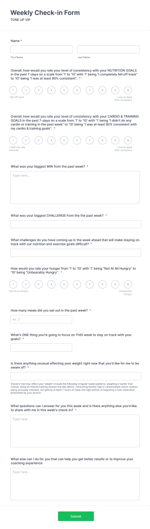 Tandem Nutrition Weekly Check In Form Template