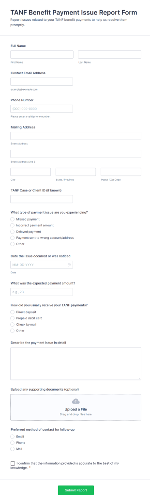TANF Benefit Payment Issue Report Form Template