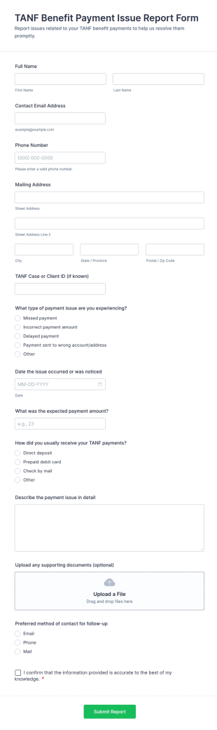 TANF Benefit Payment Issue Report Form Template