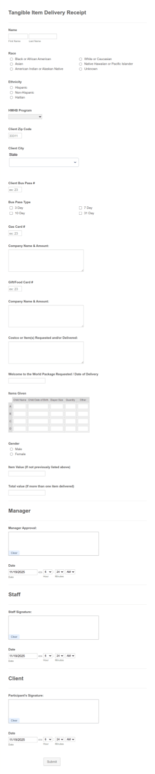 Donated Item Delivery Receipt Form Template