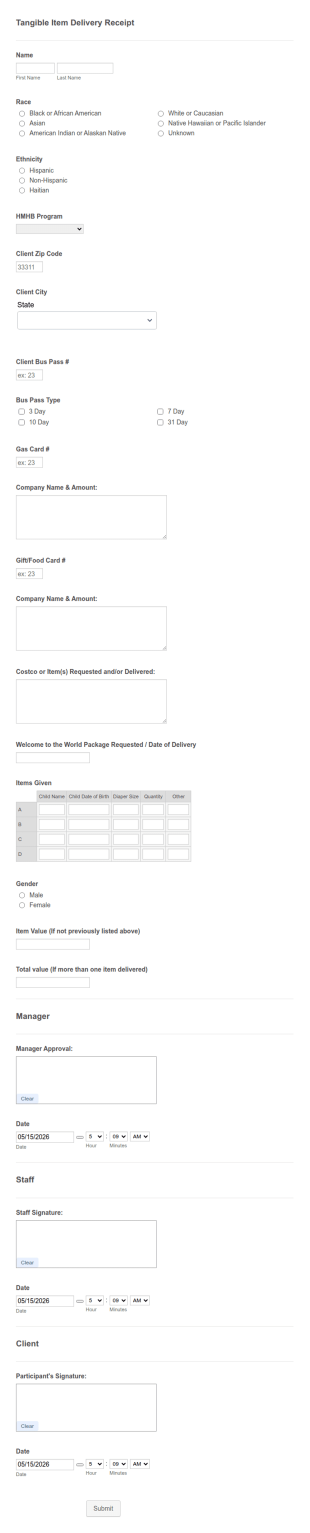 Donated Item Delivery Receipt Form Template