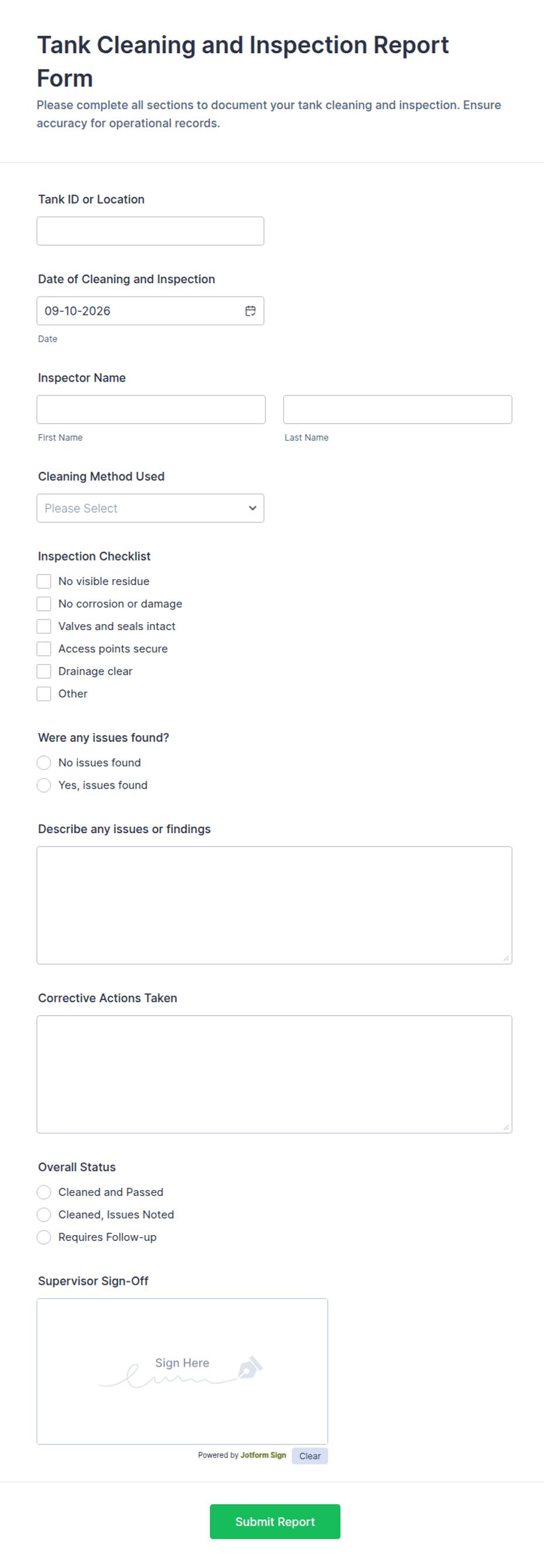 Tank Cleaning and Inspection Report Form Template | Jotform