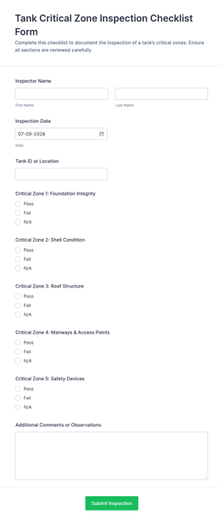 Tank Critical Zone Inspection Checklist Form Template