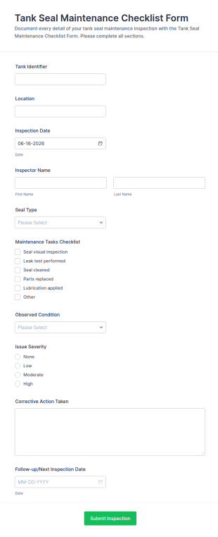 Tank Seal Maintenance Checklist Form Template