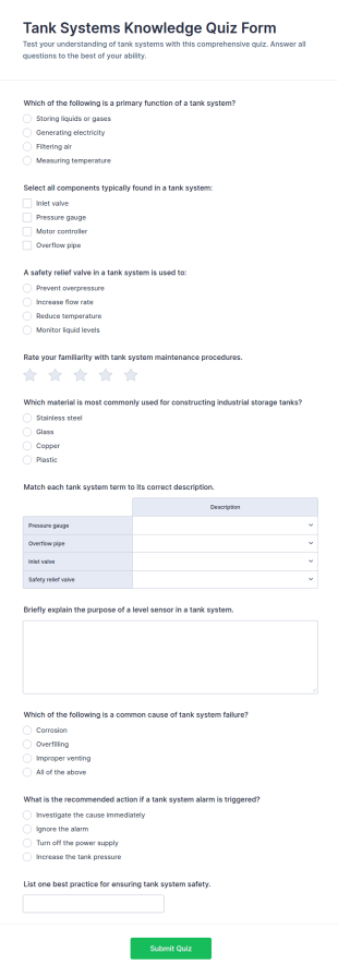Tank Systems Knowledge Quiz Form Template