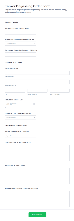 Tanker Degassing Order Form Template