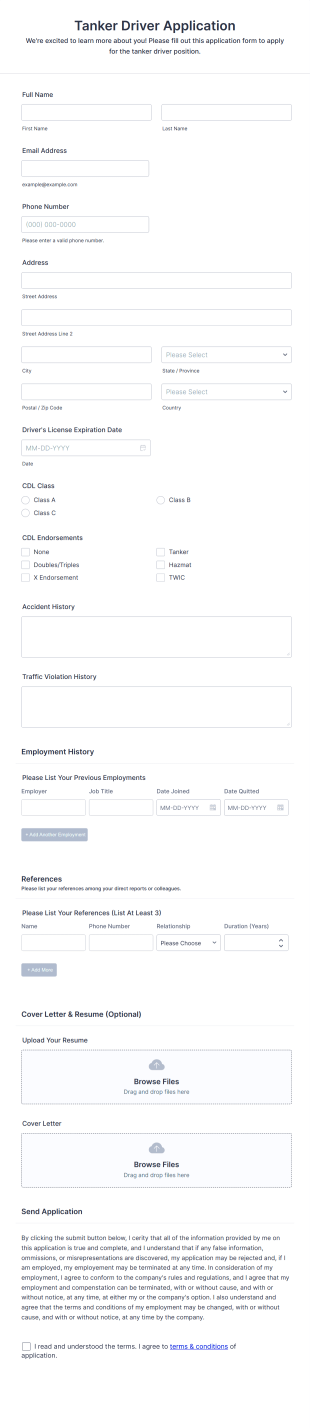 Tanker Driver Application Form Template