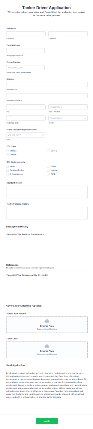 Tanker Driver Application Form Template