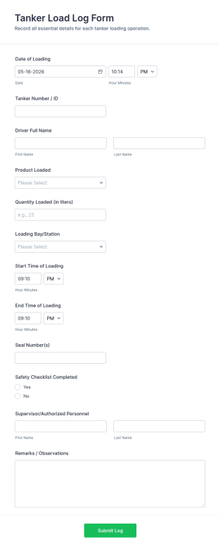 Tanker Load Log Form Template