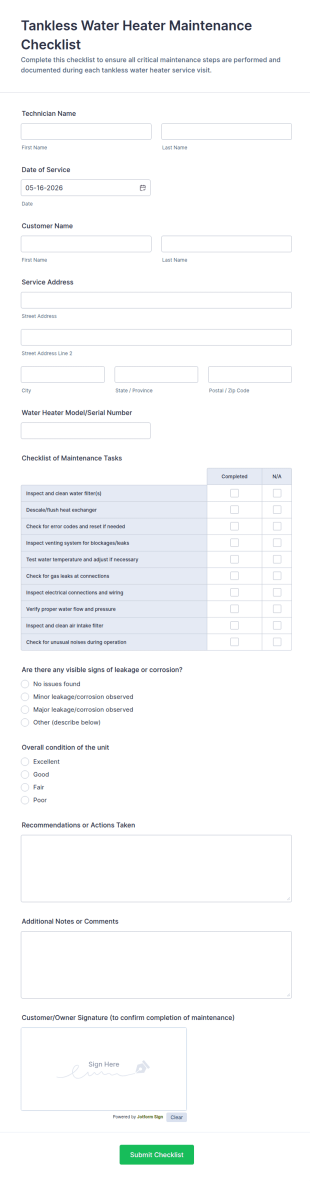 Tankless Water Heater Maintenance Checklist Form Template