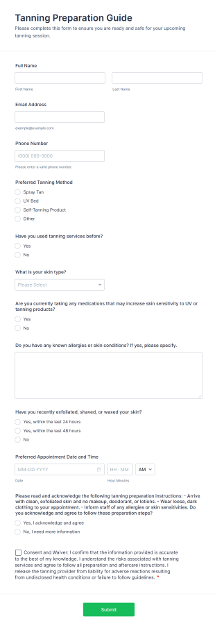 Tanning Preparation Guide Form Template