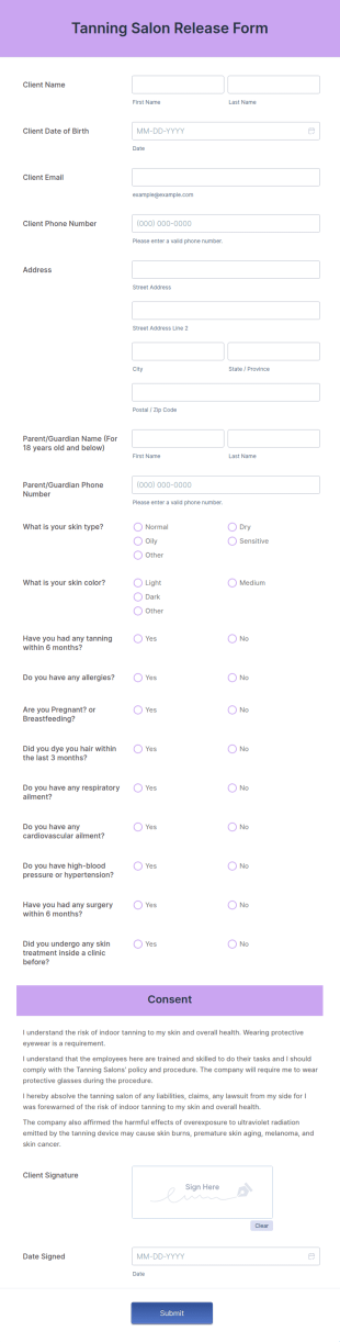 Tanning Salon Release Form Template